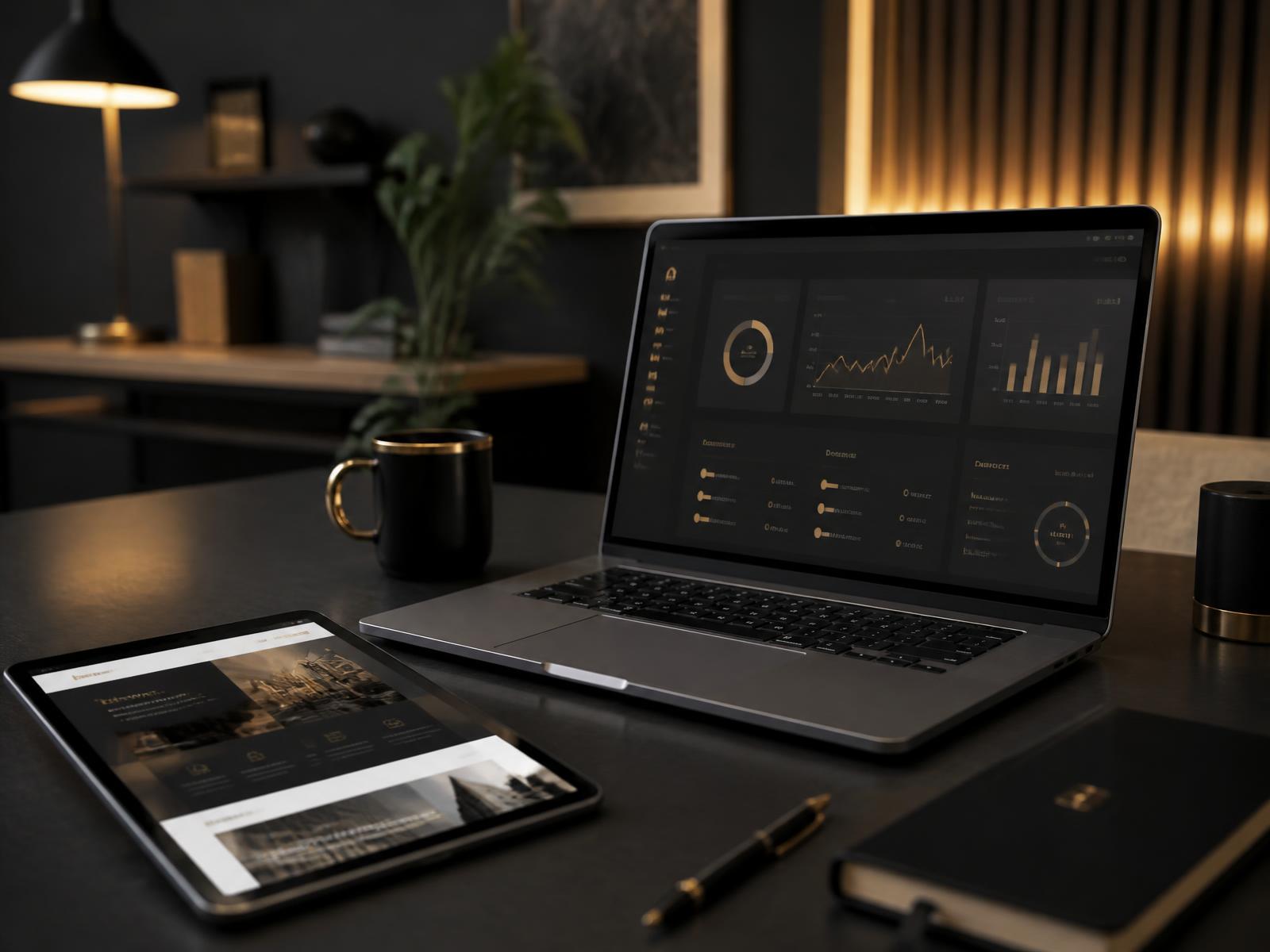 Ruang kerja teknologi menunjukkan dashboard sistem dan reka bentuk website